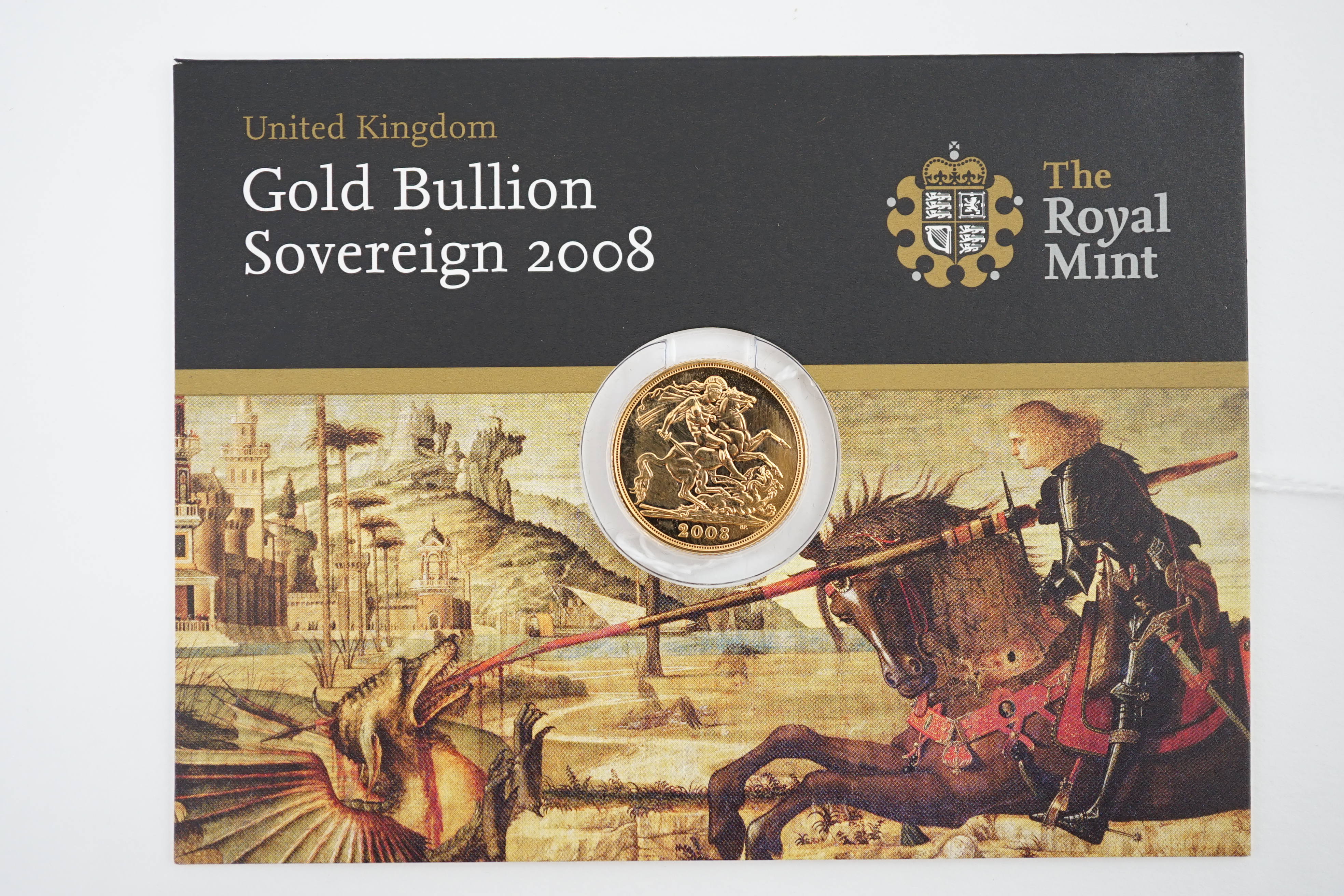 British gold coins, Elizabeth II, 2008 Gold Bullion sovereign St. George & The Dragon, BUNC, Royal Mint card
